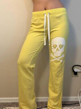 rue21 Yellow Drawstring Sweatpants with Rhinestone Skull and Crossbones Graphic